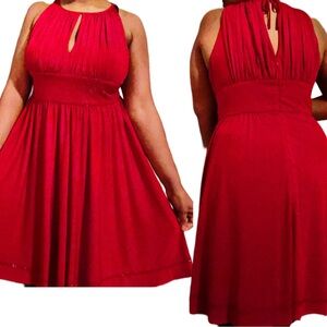 David’s Bridal ruched jersey red dress with keyhole detail